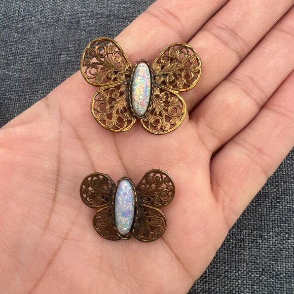 Antique Edwardian Butterfly Dragon's Breath Glass Bronze Pin Set - Picture 6 of 9